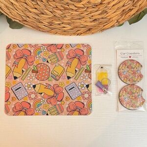 🆕 Teachers Matching Mousepad & Car Coaster + Pencil Keychain